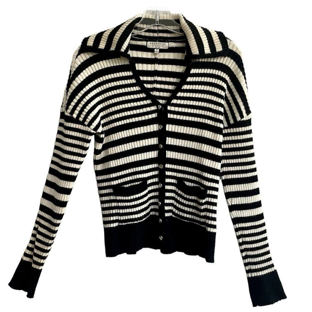 Bagatelle Collection Cardigan Sweater Sz Medium Black White Stripe Preppy Casual